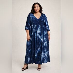 NWT Torrid Blue Wash Clip Dot Dress Size 2X Maxi Long Sleeve